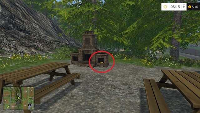 In a fireplace on a square with wooden tables - Section C - coins 30 - 44 - Gold Coins - Farming Simulator 15 Game Guide