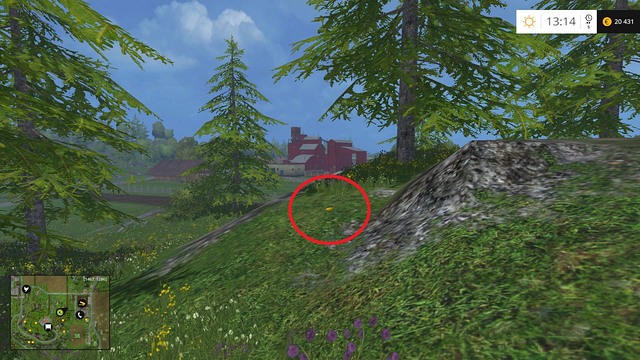 On the ground, near a rock and a tree - Section F - coins 70 - 89 - Gold Coins - Farming Simulator 15 Game Guide
