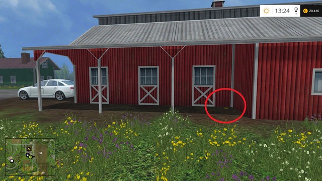 In the corner of a big red building - Section F - coins 70 - 89 - Gold Coins - Farming Simulator 15 Game Guide