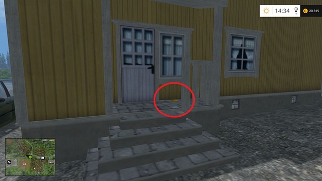 In front of the entrance to a yellow house - Section G - coins 90 - 100 - Gold Coins - Farming Simulator 15 Game Guide