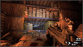 Go through the rolled door to the dark corridor and after a short vision follow the blood trail on the floor - Level 03: Store - Walkthrough - F.3.A.R. - Game Guide and Walkthrough