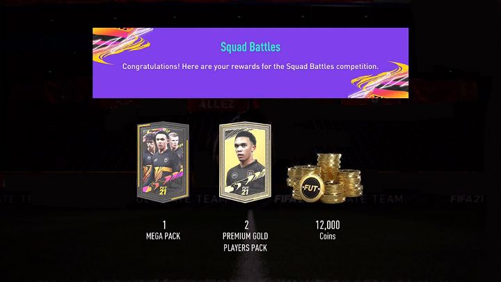 Among the rewards for Squad Battles in FIFA 21, you can find various packs, including the more valuable ones awarded for reaching the Elite or TOP 100 ranks (Ultimate Pack, Rare Players Pack, Mega Packs), as well as Coins - FUT 21: Squad Battles rewards - when? - FAQ - FIFA 21 Guide