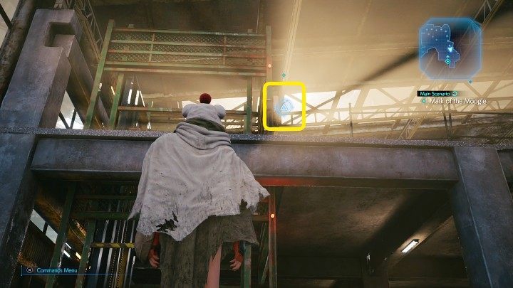 Approach the elevator and throw a shuriken at the lever marked in the screenshot above - Final Fantasy VII Remake Intermission: First Challenge - walkthrough - Chapter 1: Wutais Finest - Final Fantasy 7 Remake Guide