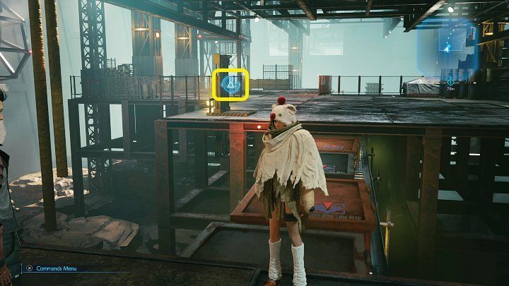 Throw a shuriken at the switch marked in the screenshot above to stop the conveyor belt, allowing you to get to the next part of the area - Final Fantasy VII Remake Intermission: After Him - walkthrough - Chapter 1: Wutais Finest - Final Fantasy 7 Remake Guide