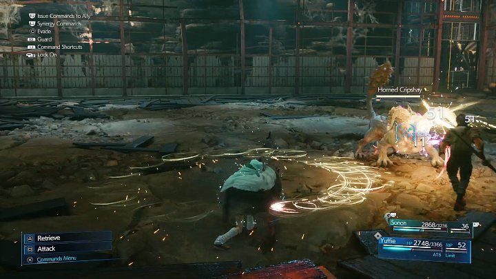 When Zhijie activates the platform to get rid of the soldiers who are pursuing him, the heroes will land on the bottom floor of the factory and will be facing Horned Cripshay - Final Fantasy VII Remake Intermission: After Him - walkthrough - Chapter 1: Wutais Finest - Final Fantasy 7 Remake Guide