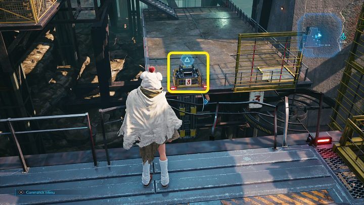 Approach the bent guard rail and activate the second switch, and quickly descend to the lower level using the yellow railing - Final Fantasy VII Remake Intermission: After Him - walkthrough - Chapter 1: Wutais Finest - Final Fantasy 7 Remake Guide