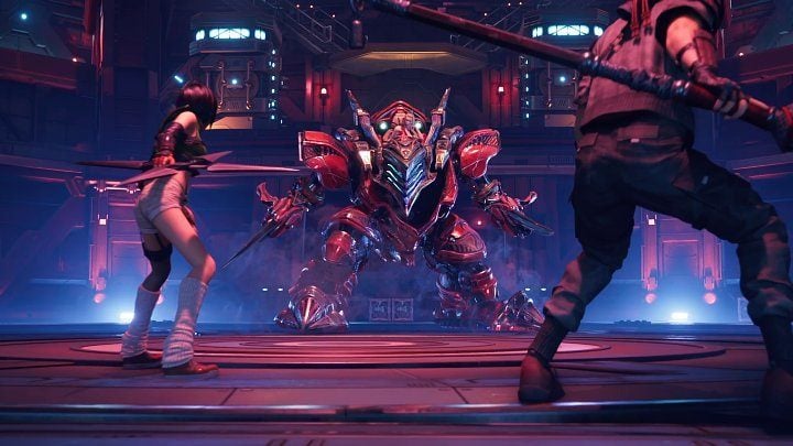 After arriving on the upper floor, restock at Vending Machine and regenerate HP/MP of your heroes, as you are standing before Scarlet - the second boss of Final Fantasy VII Remake Intermission - Final Fantasy VII Remake Intermission: The Invitation - walkthrough - Chapter 2: Covert Ops - Final Fantasy 7 Remake Guide