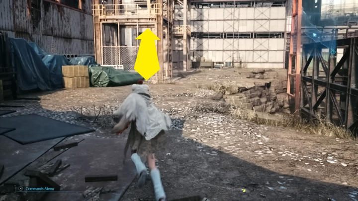 After defeating two Wayward Wolves (these enemies are vulnerable to fire, so consider using Fira), turn to the right side and climb to the top of the metal construction - Final Fantasy VII Remake Intermission: Wind Materia - location - Sector 7: Slums - Final Fantasy 7 Remake Guide