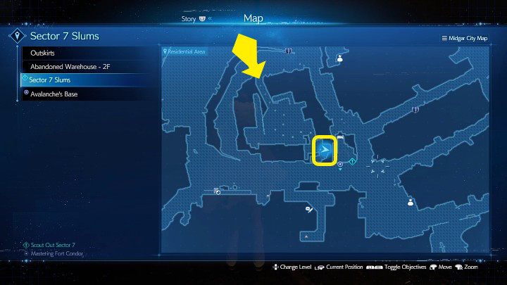 The screenshot above marks the location of Warding Materia - Final Fantasy VII Remake Intermission: Warding Materia - location - Sector 7: Slums - Final Fantasy 7 Remake Guide