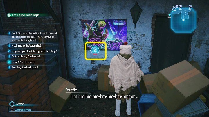 Approach the location shown in the screenshot above and destroy the cardboard wall - the newsletter is on the wall - Final Fantasy VII Remake Intermission: The Happy Envoy - walkthrough - Side quests - Final Fantasy 7 Remake Guide