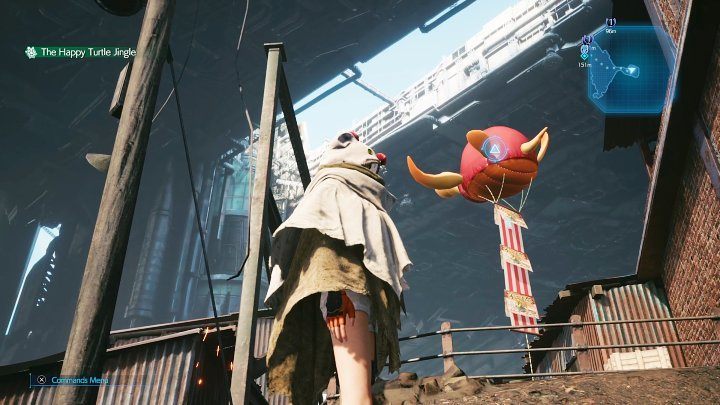 Jump on the crate to find yourself in the location shown in the screenshot above and throw a shuriken at the balloon - Final Fantasy VII Remake Intermission: The Happy Envoy - walkthrough - Side quests - Final Fantasy 7 Remake Guide