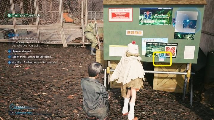 The fifth flyer is attached to the blackboard in the location shown in the screenshot above - Final Fantasy VII Remake Intermission: The Happy Envoy - walkthrough - Side quests - Final Fantasy 7 Remake Guide