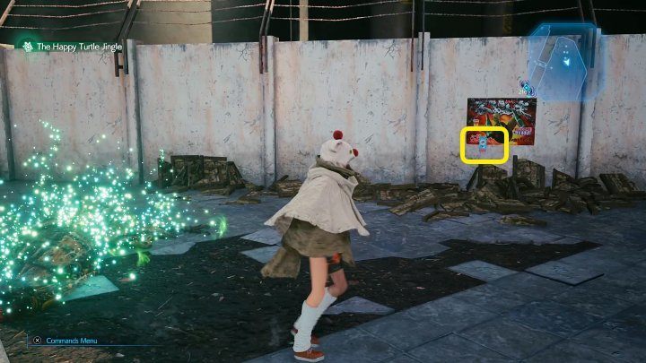 The final Happy Turtle flyer is on the wall, in the area marked in the screenshot above - Final Fantasy VII Remake Intermission: The Happy Envoy - walkthrough - Side quests - Final Fantasy 7 Remake Guide