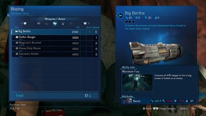 Once you get out of the sewers, consider visiting an arms dealer to buy a new weapon for Barret- Big Bertha - Final Fantasy 7 Remake: A Broken World, walkthrough - Chapters - Final Fantasy 7 Remake Guide