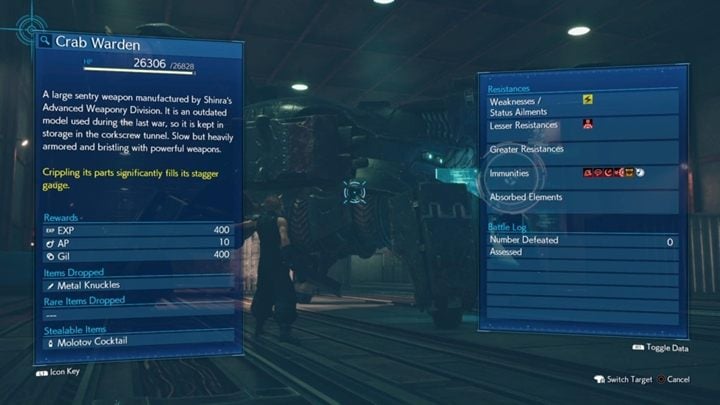 This boss has 26,828 HP and is vulnerable to electric attacks - Final Fantasy 7 Remake: Crab Warden boss fight - Bosses - Final Fantasy 7 Remake Guide