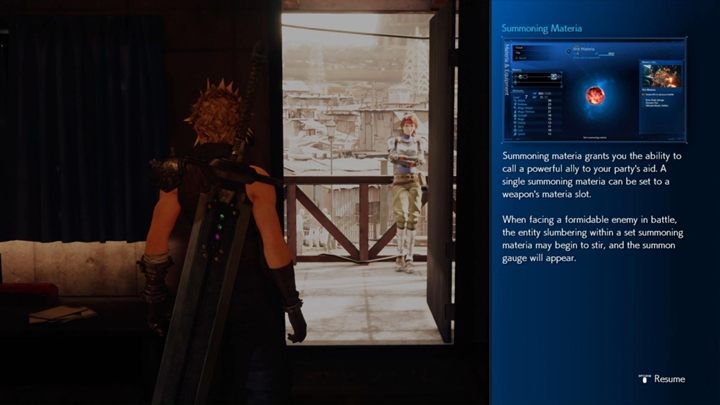 Jessie will briefly discuss the next goal of the mission and give you Summoning Materia - Final Fantasy 7 Remake: Home Sweet Slum, walkthrough - Chapters - Final Fantasy 7 Remake Guide