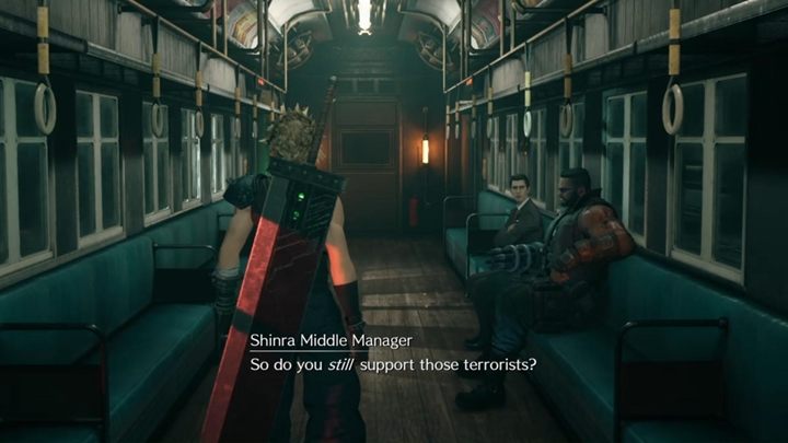 Talk to Tifa, then go to the compartment with Barret and talk to him - Final Fantasy 7 Remake: Dogged Pursuit, walkthrough - Chapters - Final Fantasy 7 Remake Guide