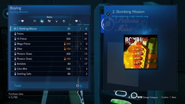 Comment: Purchased in Chapter 8, from the Vending Machine, just before the battle with Airbuster - Final Fantasy 7 Remake: Music Collection - CDs list, how to find all, tips - Secrets, collectibles, additional challenges - Final Fantasy 7 Remake Guide