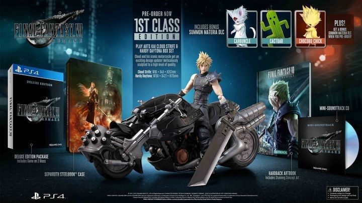 1st Class Edition includes an artbook, a CD with the soundtrack, a steelbook and a figurine of Cloud Strife and his motorcycle - Hardy Daytona - Final Fantasy 7 Remake: Game Editions - Appendix - Final Fantasy 7 Remake Guide