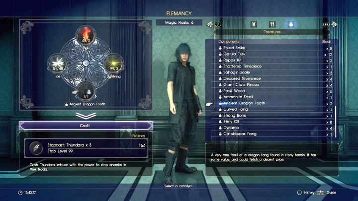 Most of the items can be used as catalysts. - Acquiring resources and creating spells - Magic (Elemancy) - Final Fantasy XV Game Guide