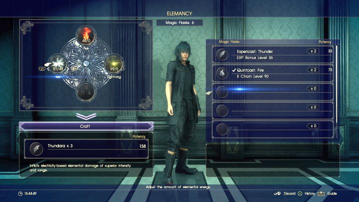 A Thundara spell will be created, as theres majority (over 50%) of Lightning raw elements in the mixture. - Acquiring resources and creating spells - Magic (Elemancy) - Final Fantasy XV Game Guide