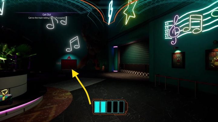 Follow the linear path until Freddy takes control and drops you off at the first aid room - FNAF SB: Get Out - walkthrough, solution - Transition description - FNAF Security Breach game guide