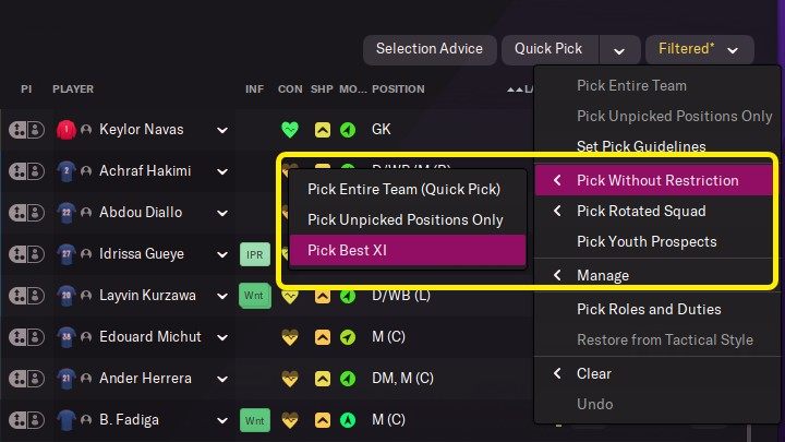 If you want to quickly replenish your squad and choose the best possible players, choose the option marked in the picture above (Pick Best XI) - Football Manager 2022: Tactics - Basics - Football Manager 2022 Guide