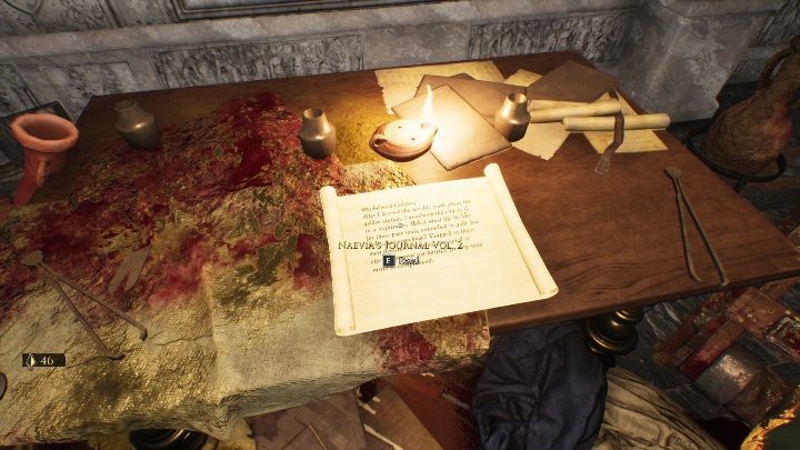 You'll find a key to the door and another part of the journal on the table - The Forgotten City: Golden Bow - how to get? - FAQ - The Forgotten City Guide