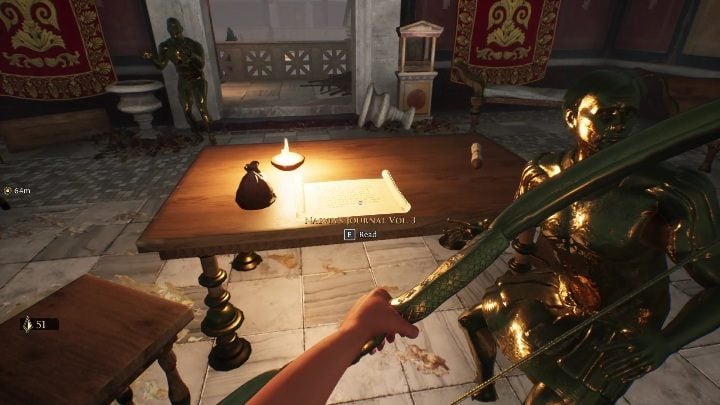 You'll reach a large room - there's a wooden desk in the middle, with a lit candle - The Forgotten City: Golden Bow - how to get? - FAQ - The Forgotten City Guide