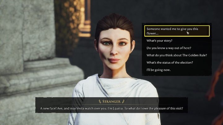 The only dialogue option that you definitely need to use is "Someone wanted me to give you this flower - The forgotten city: Galerius and Equitia - how to start a romance? - FAQ - The Forgotten City Guide