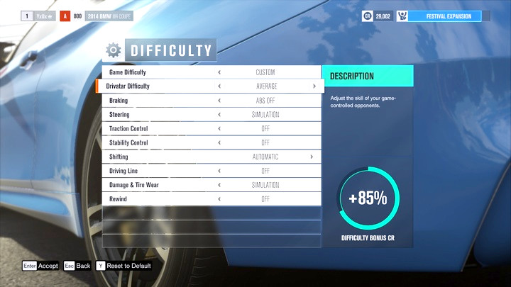 The difficulty settings menu, with the credit bonus visible in the right corner. - Difficulty Level and Damage - Gameplay basics - Forza Horizon 3 Game Guide