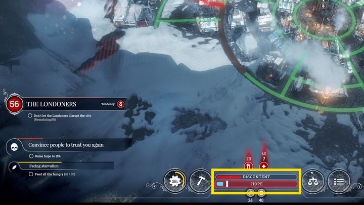 The point that you have to reach is marked accordingly. - What happens when Discontent or Hope reach critical values in Frostpunk? - FAQ - Frostpunk Game Guide