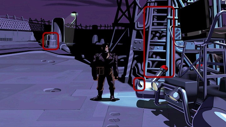 Touch it, and when the alarm goes off, hide in the dark corner on the left, behind the barrels (achievement - Annoyed Floyd) - Help Mo fix the bike | Chapter One Walkthrough - Chapter One | Full Throttle Remastered Walkthrough - Full Throttle Remastered Game Guide