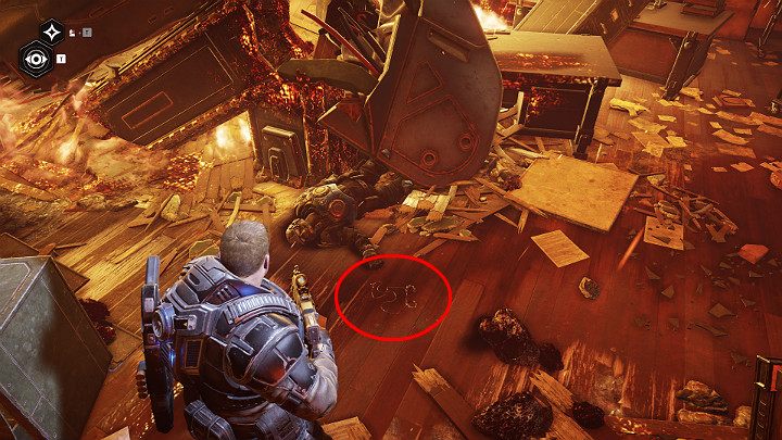 While moving through the burning building, dont forget to pick up another collectible item lying on the ground - Fallen Raven pilot - Act 1 Chapter 3 - This is War | Gears 5 Walkthrough - Act I - Gears 5 Guide