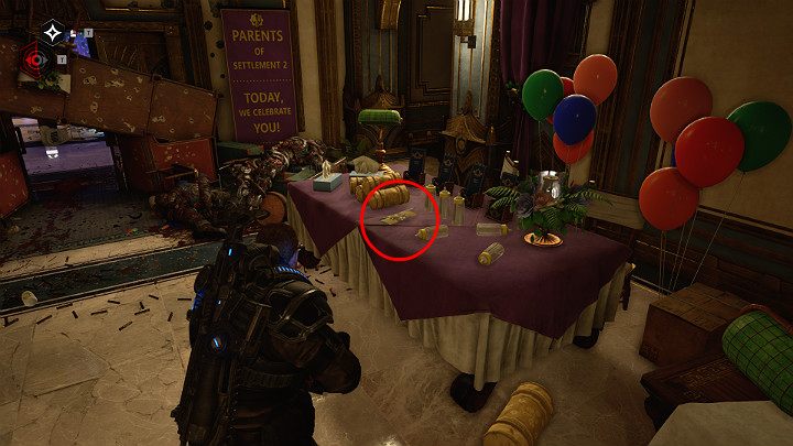 Pick up the collectible lying on one of the tables - A leaflet for summer Settlement - Act 1 Chapter 4 - The Tides Turn | Gears 5 Walkthrough - Act I - Gears 5 Guide