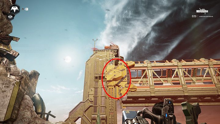 Shoot in the direction of the bridge - aim at the place marked in the picture above - Act 3 Chapter 2 - Rocket Plan | Gears 5 Walkthrough - Act III - Gears 5 Guide
