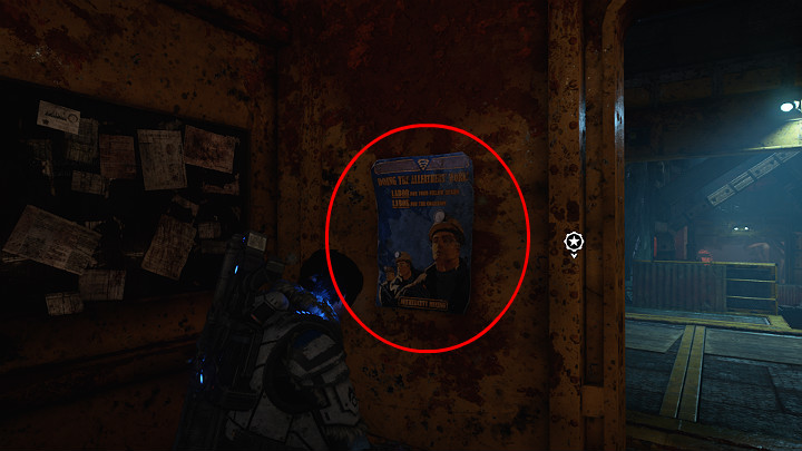 After going through the heavy metal doors leading to the mine, look at the poster hanging on the wall to the left - Act 2 Chapter 4 - The Source of It All | Gears 5 Collectibles - Act II - Gears 5 Guide