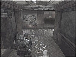 There's a sniper in the place you can see on the screenshot - Act IV: Campus Grinder - Walkthrough - Gears of War (PC) - Game Guide and Walkthrough