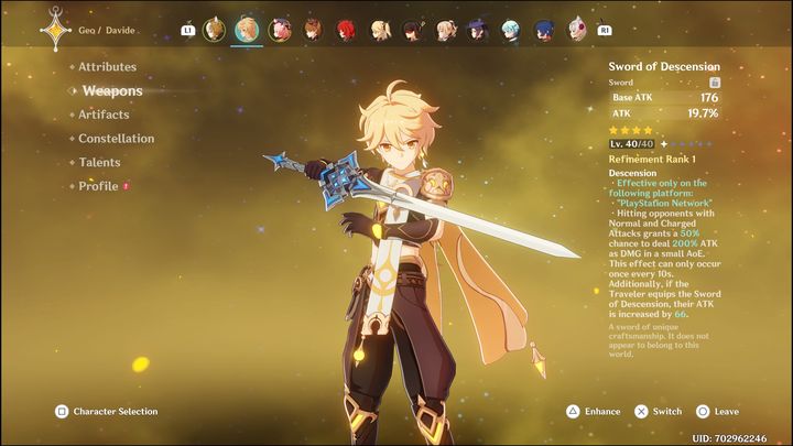 When it comes to weapons for Support Traveler, Skyward Blue comes the most recommended - Genshin Impact: Traveler - best builds (Geo) - Geo - Genshin Impact Guide