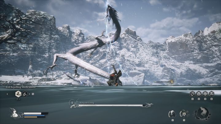 Since the boss spends a lot of the fight airborne where it can't be hit, you must wait for a good time to strike - Black Myth Wukong: How to defeat the Kang-Jin Loong boss? - Chapter 3 - Black Myth Wukong Guide