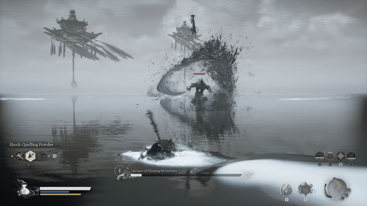 When the Keeper of the Flaming Mountains' health reaches very low levels, he will summon an inky black horse that attacks with a whip - Black Myth Wukong: How to defeat the bosses Keeper of Flaming Mountains and Yin-Yang Fish? - Chapter 5 - Black Myth Wukong Guide