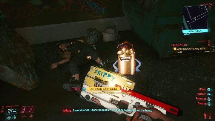 You will get the weapon by searching a man's corpse next to a trash can - Cyberpunk 2077: How to get Skippy, the Talking Gun? - Cyberpunk 2077: Exploration - Cyberpunk 2077 Guide