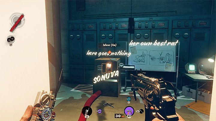 Now you just need to activate the experiment - you need to enter the large chamber and use the Hackamajig to remotely activate the device (look towards the button with your gadget out to locate the hacking place) - Deathloop: How to keep powers & weapons? - FAQ - Deathloop Guide