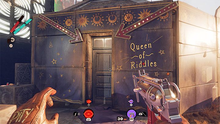 While exploring the Karl's Bay district, you might come across the building pictured in the screenshot with the Queen of Riddles inscription - Deathloop: How to pass the Yerhva quiz? - FAQ - Deathloop Guide