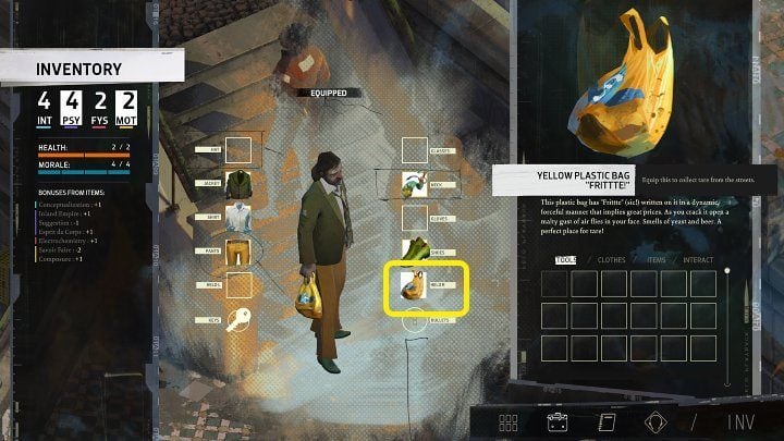 Equip your character with the new item (it doesn't matter in which hand), and you'll notice that you can pick up bottles from the ground, as well as interact with some trash cans - Disco Elysium: How to get Yellow Plastic Bag? - FAQ - Disco Elysium Guide