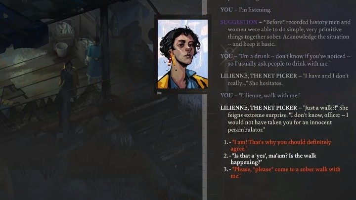 Later in the game, you'll meet Lilienne, with whom you can date if you select the appropriate dialogue option and pass a difficult Suggestion skill check - Disco Elysium: Is romance possible? - FAQ - Disco Elysium Guide