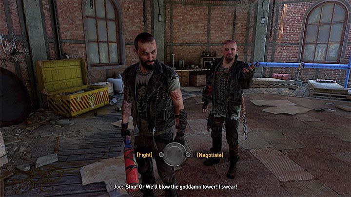 The first of the two important choices during the Water Tower quest triggers when you climb it, after disarming the explosives - Dying Light 2: Fight Jack and Joe or negotiate? Water Tower - Important Choices - Dying Light 2 Guide