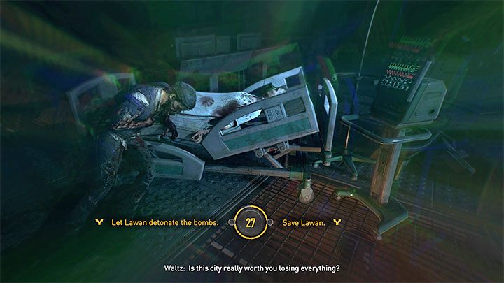 When you defeat Waltz, you'll see a long cutscene that shows the confrontation between him, Mia and Lawan, who wants to detonate the bombs - Dying Light 2: Wich ending to choose? - Important Choices - Dying Light 2 Guide