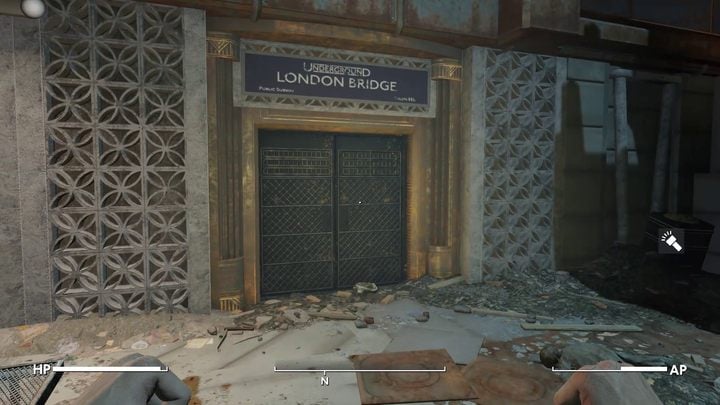 Standing next to the fountain, turn towards the illuminated symbol - Fallout London: How to escape the facility? - Fallout: London: Walkthrough - Fallout London Guide