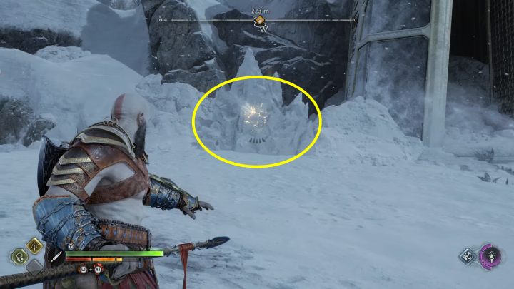 The chest is hidden behind an ice block lit in yellow - God of War Ragnarok: Lake of Nine, Midgard - secrets, collectibles - God of War Ragnarok: Midgard - God of War Ragnarok Guide